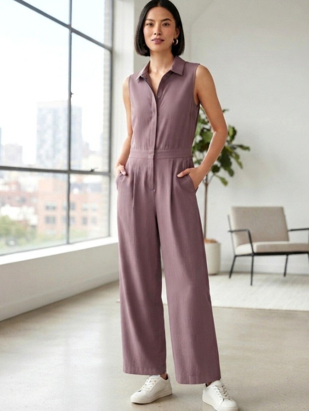 Athleta Sleeveless Collared Wide-Leg Jumpsuit in Mauve Size 2
